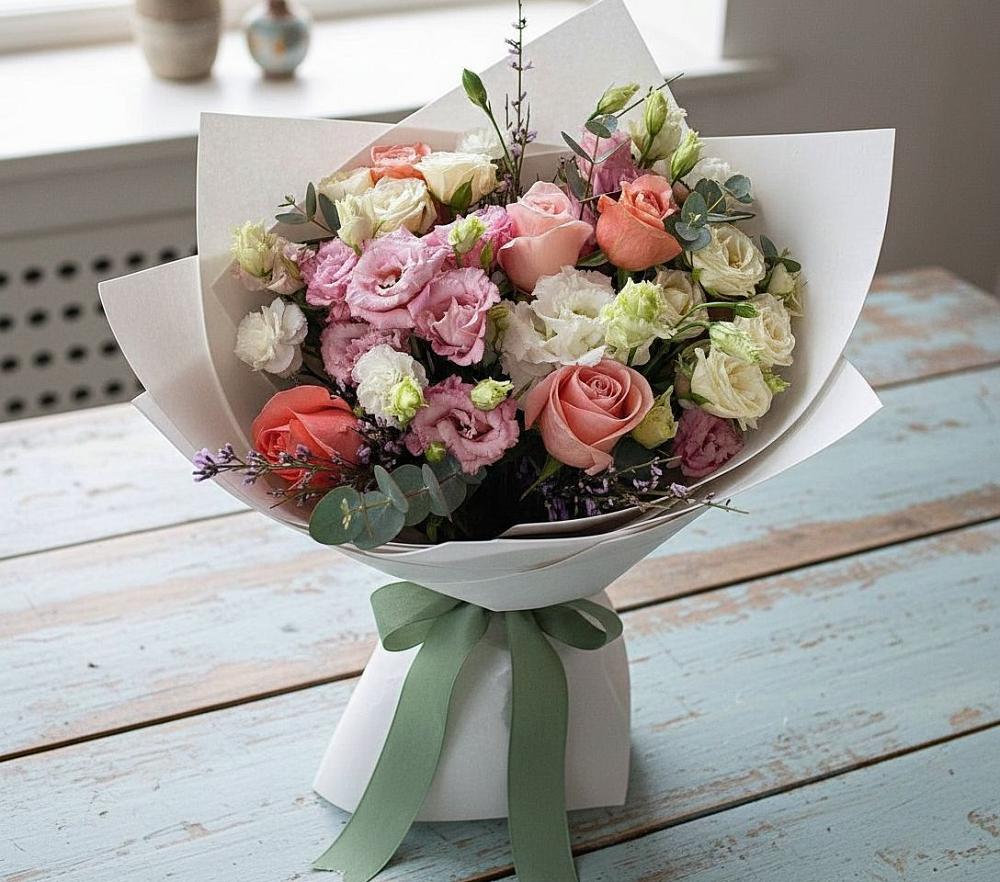 Букет цветов из: Розы, Лизиантусы и Гвоздики в Северном