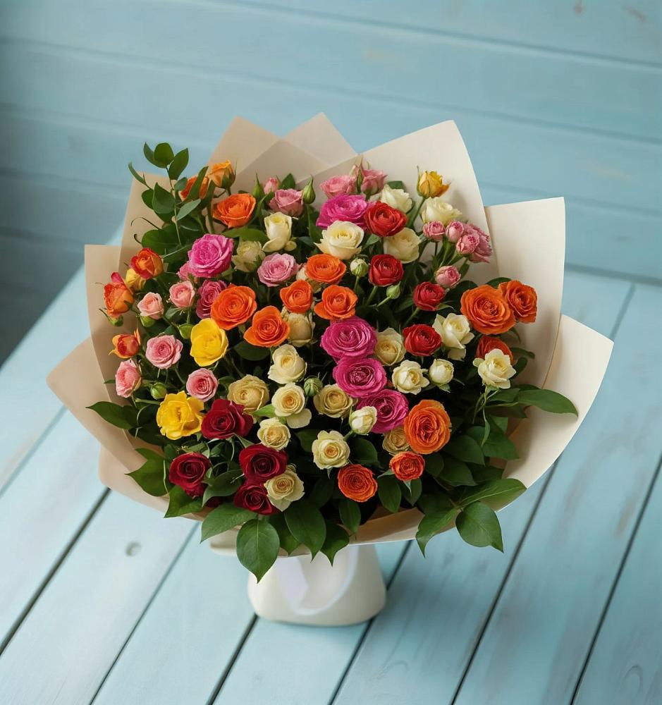 Букет Микс из разноцветных кустовых роз в Северном
